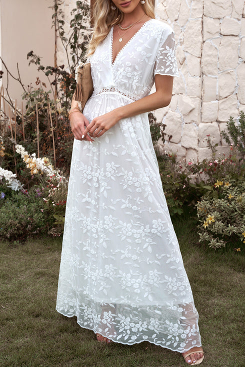 embroidered-short-sleeve-surplice-neck-maxi-dress Sophia's Trends - Sophia's Style-White-L